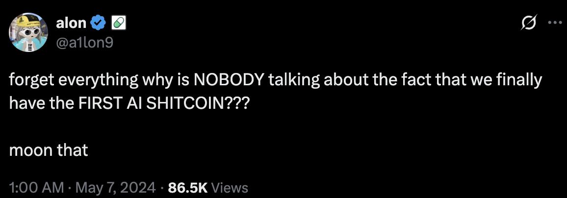 Community reaction tweet highlighting first AI coin