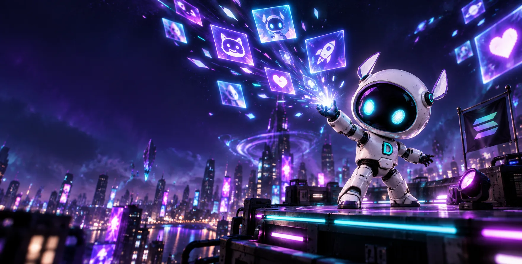 Devin sharing glowing community posts across a neon city