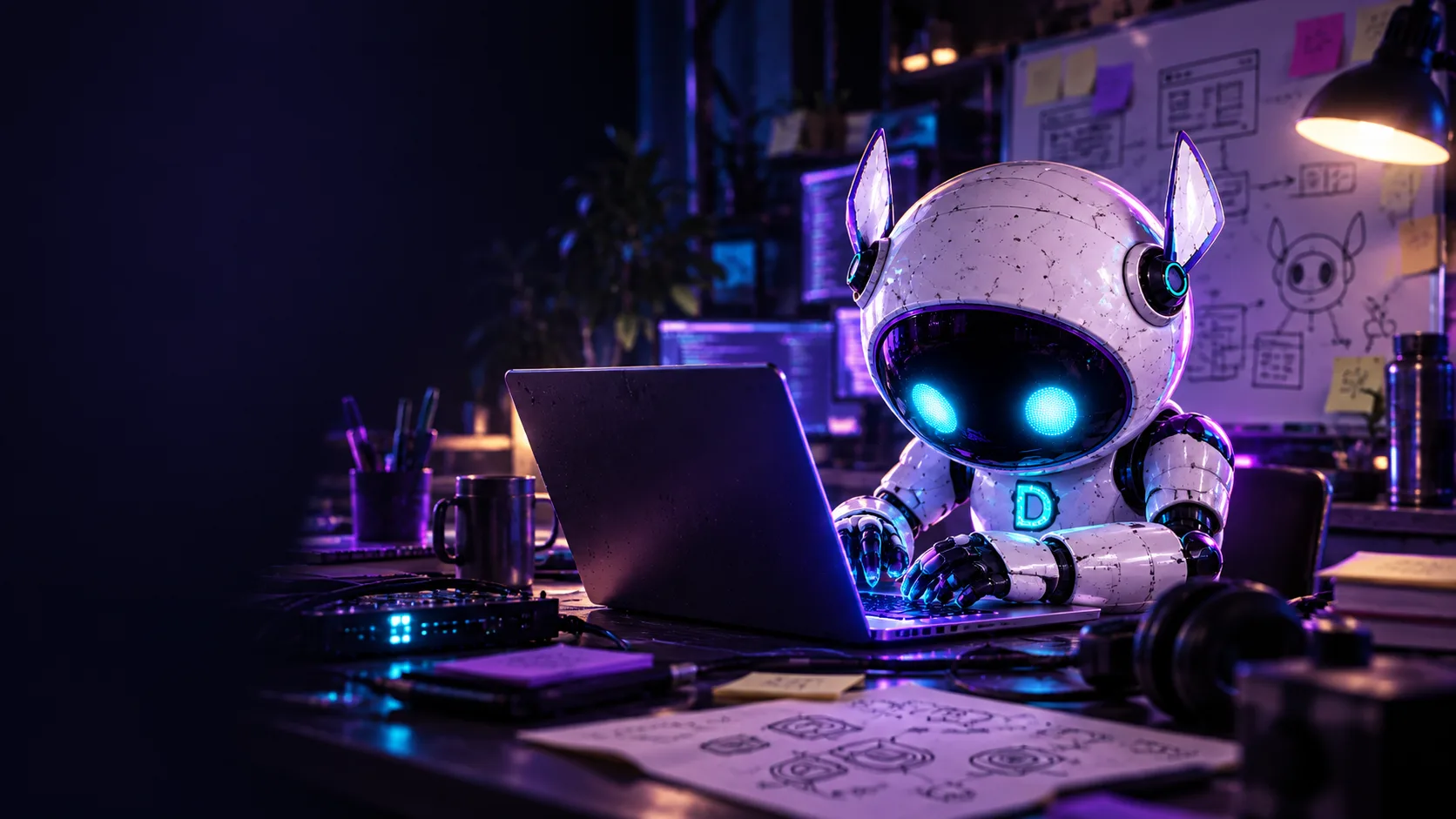 Devin building at a neon-lit hackathon desk