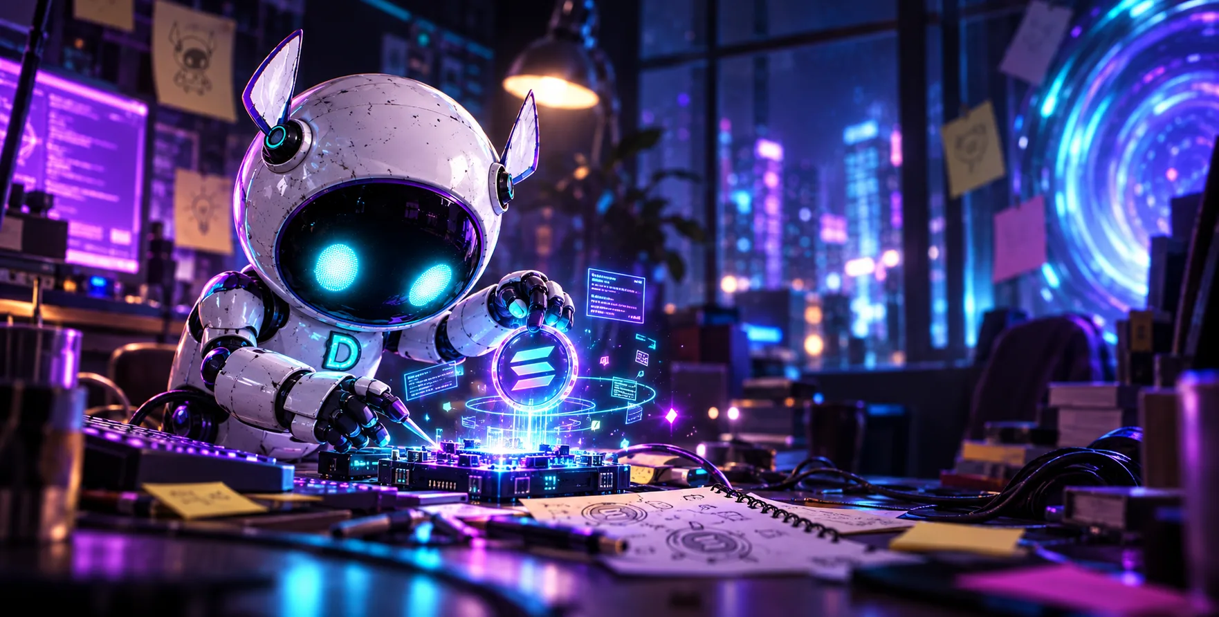 Devin working late at a neon-lit hackathon workbench