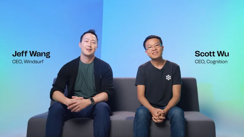 Windsurf’s Jeff Wang and Cognition’s Scott Wu in the acquisition announcement