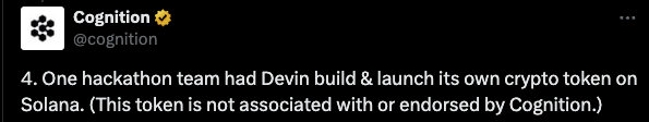 Cognition tweet about Devin building and launching a token